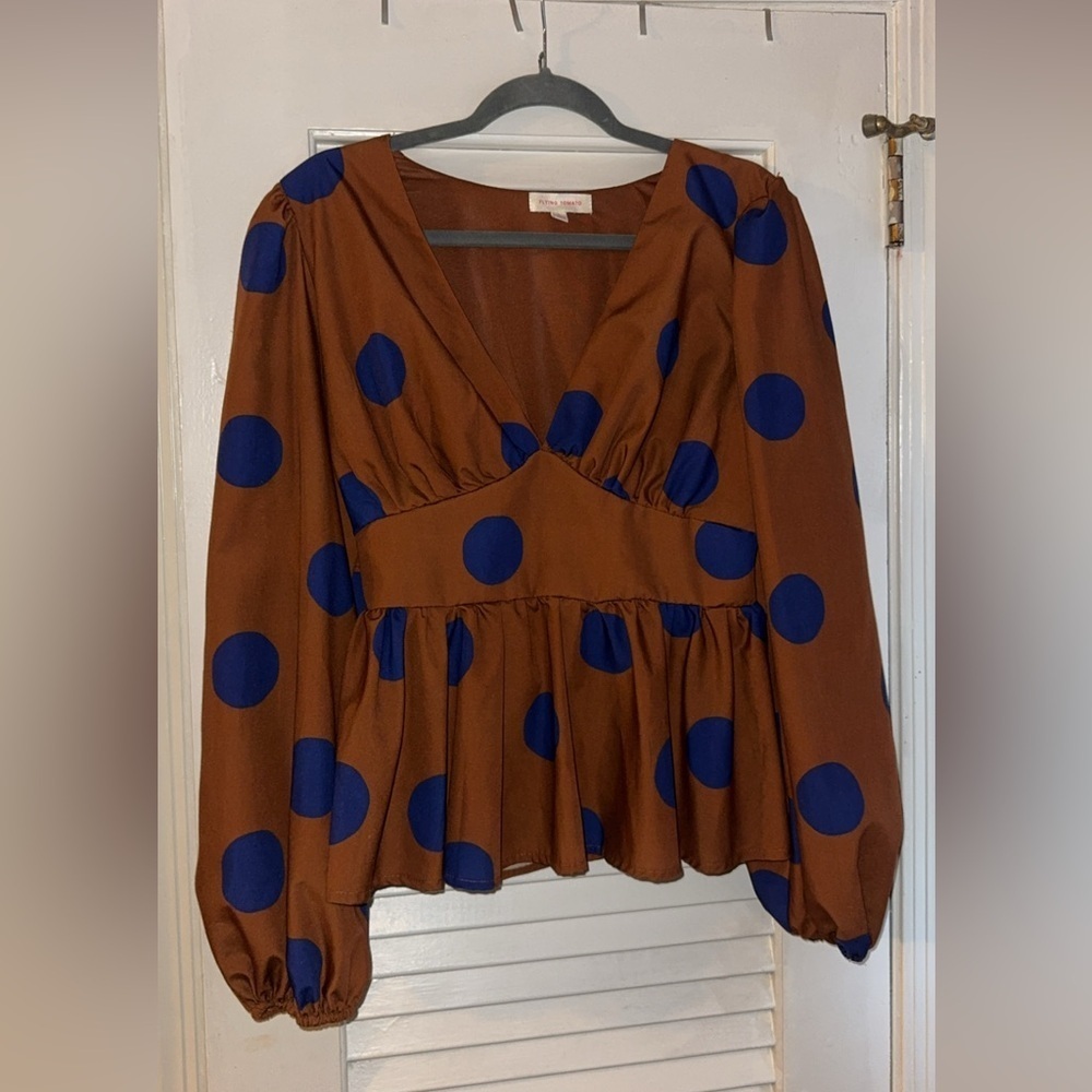 Flying Tomato Brown Blouse with Blue Polka Dots